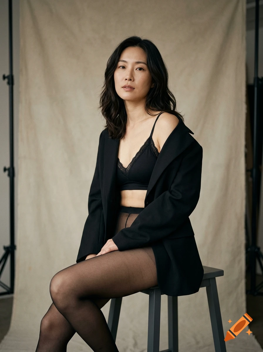 Photorealistic studio portrait of an Asian woman in a black blazer and lingerie sitting on a stool.