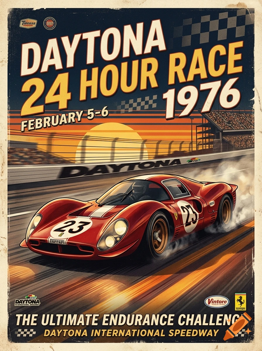 Vintage poster for the 1976 Daytona 24 Hour Race featuring a red Ferrari race car driving on a track at sunset.