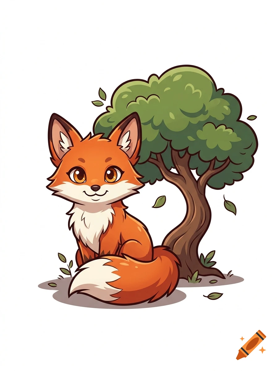 Cute cartoon fox sitting next to a green tree in anime art style.