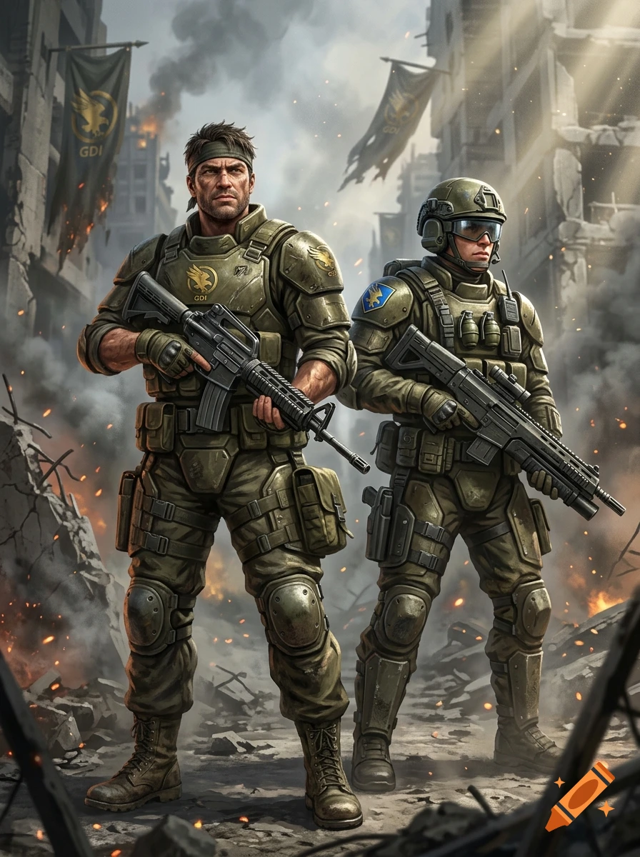 Two heavily armored soldiers holding assault rifles stand in the ruins of a war-torn city amid smoke and debris.