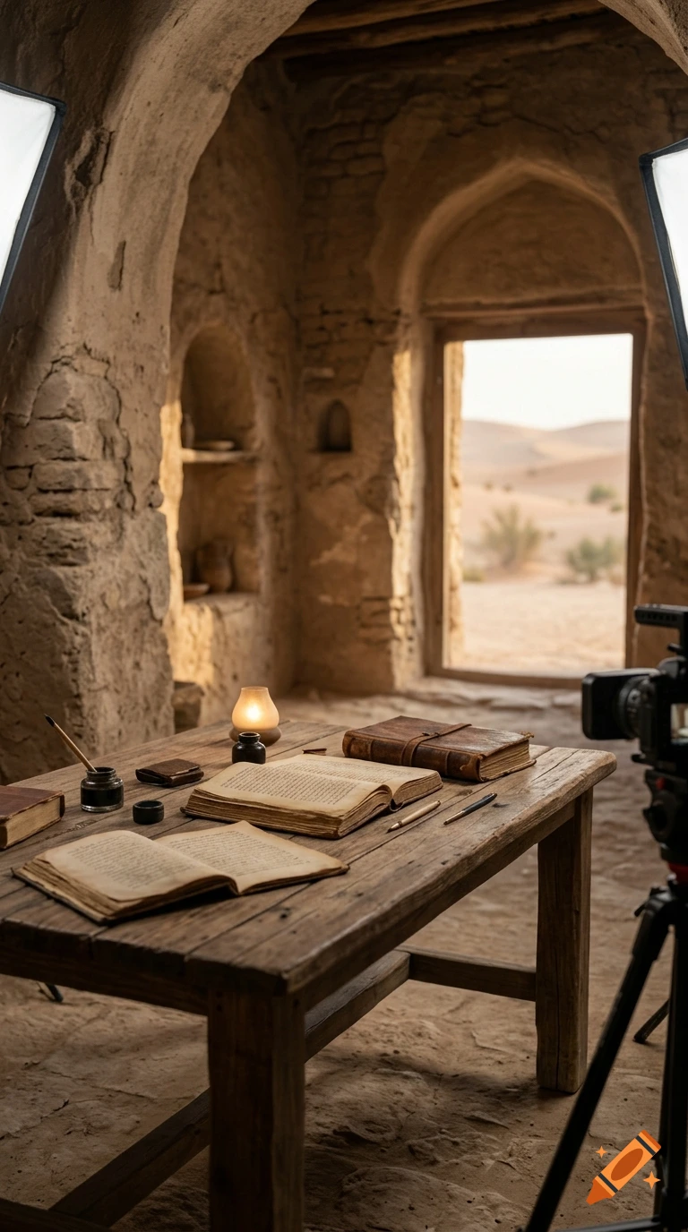 An ancient-looking rustic wooden desk with open books, inkwells, and a small lamp inside a mudbrick room, with a desert view through an arched doorway and modern studio lighting equipment visible.