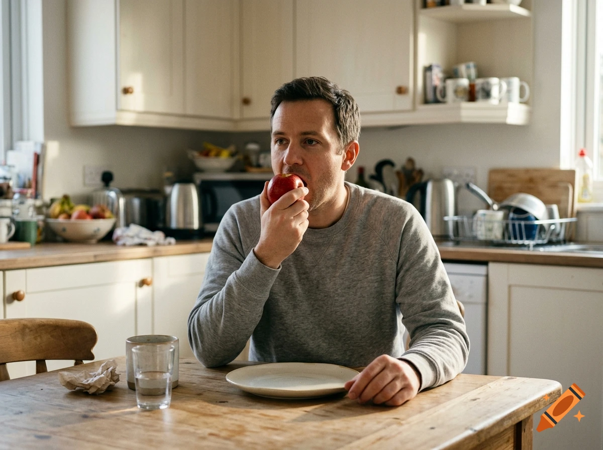A man in a grey sweatshirt sitting at a wooden kitchen table eating an apple.