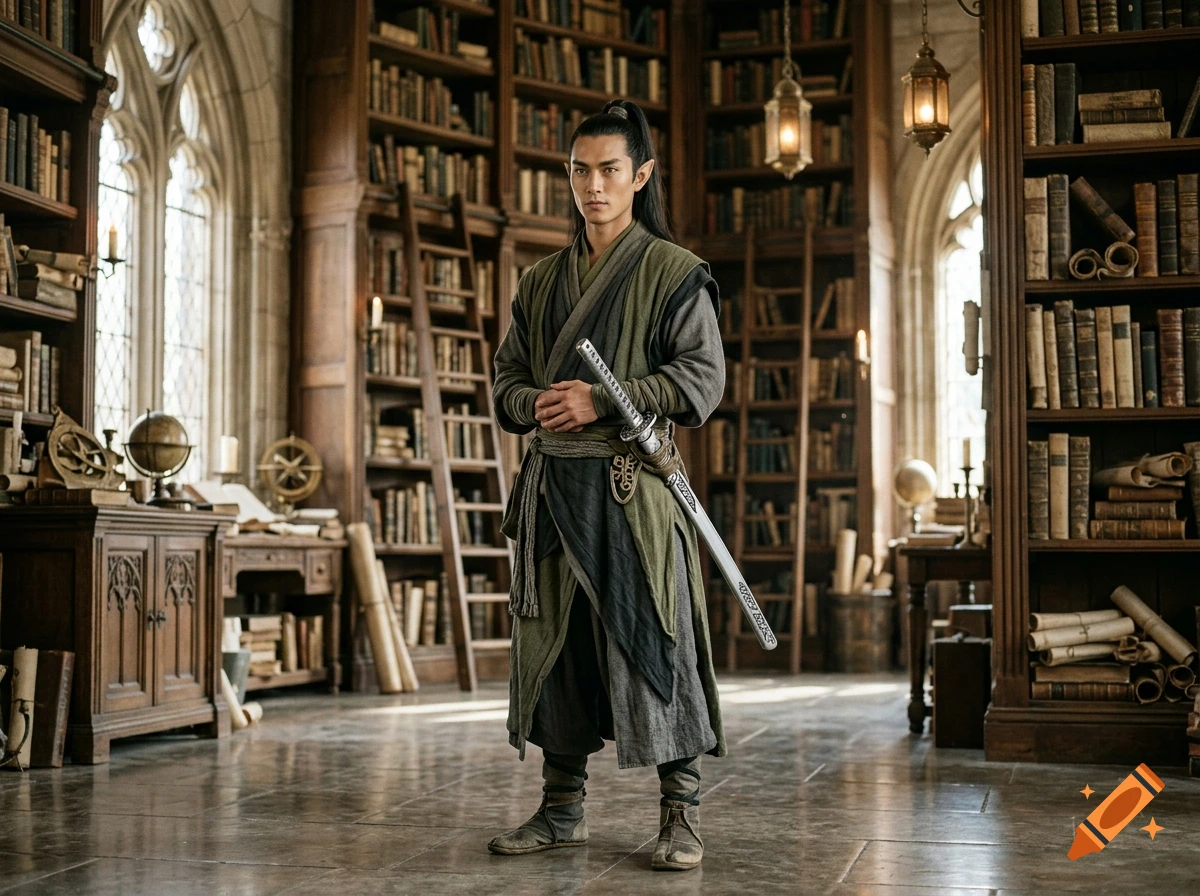 Photorealistic full-body portrait of an elven monk with dark hair in a ponytail, wearing green and gray robes, standing in a grand ancient library.