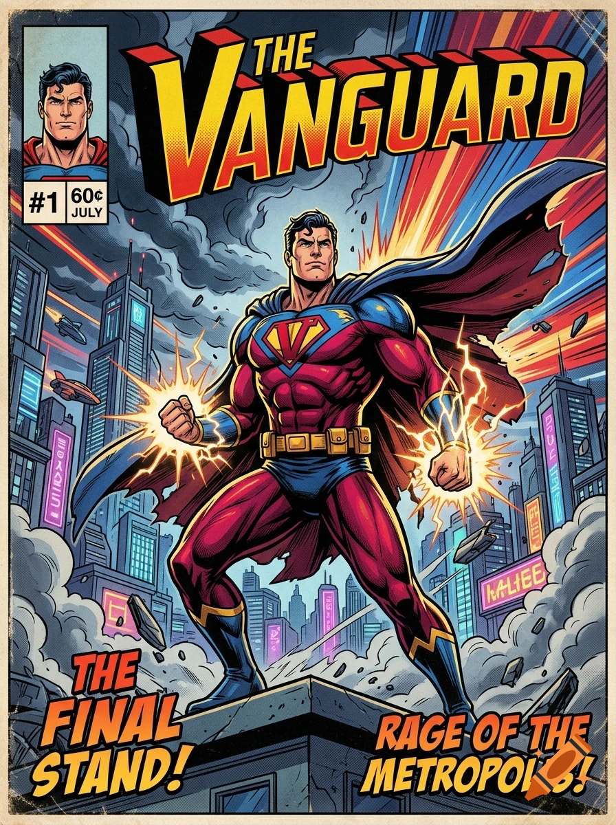 Vintage comic book cover featuring a muscular superhero in a red and blue costume standing on a rooftop in a futuristic city.