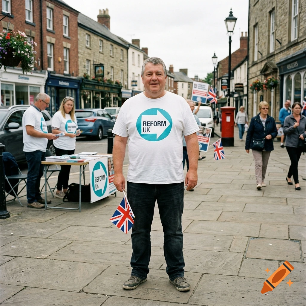 A man wearing a Reform UK t-shirt holds a Union Jack flag on a town street, with other people and campaign materials nearby.
