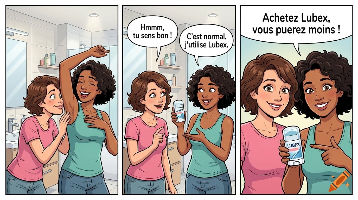 A three-panel comic strip in a bright bathroom showing two women interacting playfully about a deodorant product.