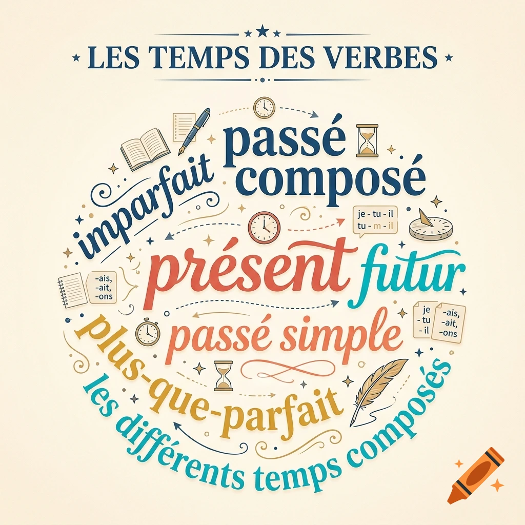 Educational word cloud in French displaying verb tenses with decorative icons and calligraphy.