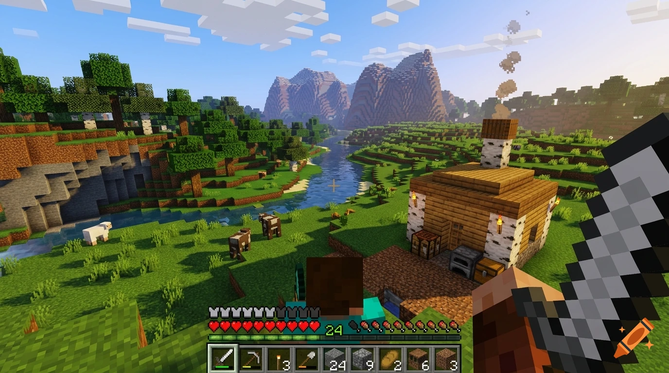 First-person Minecraft gameplay screenshot showing a wooden house by a river, mountains in the distance, and cows grazing in a green field.
