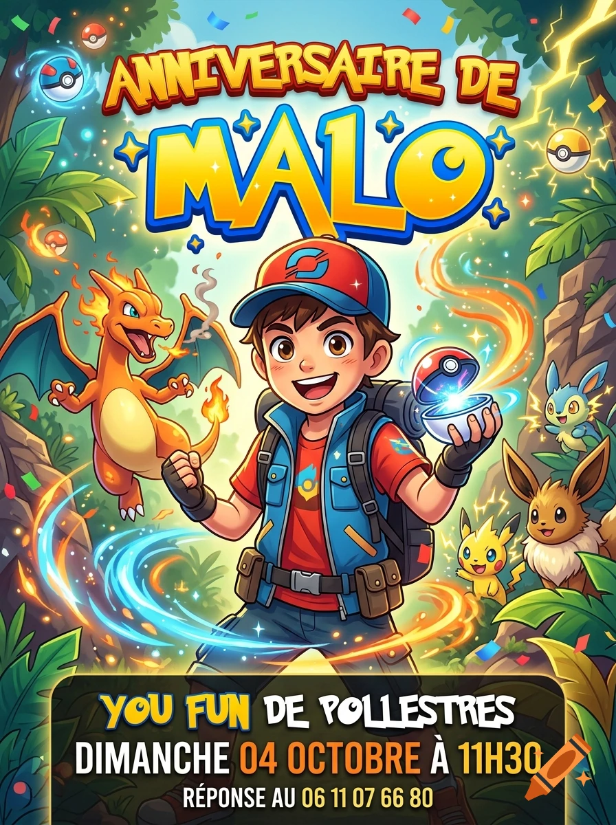 An anime-style birthday invitation poster featuring a young boy trainer, a Charmander, and other Pokemon in a jungle setting.