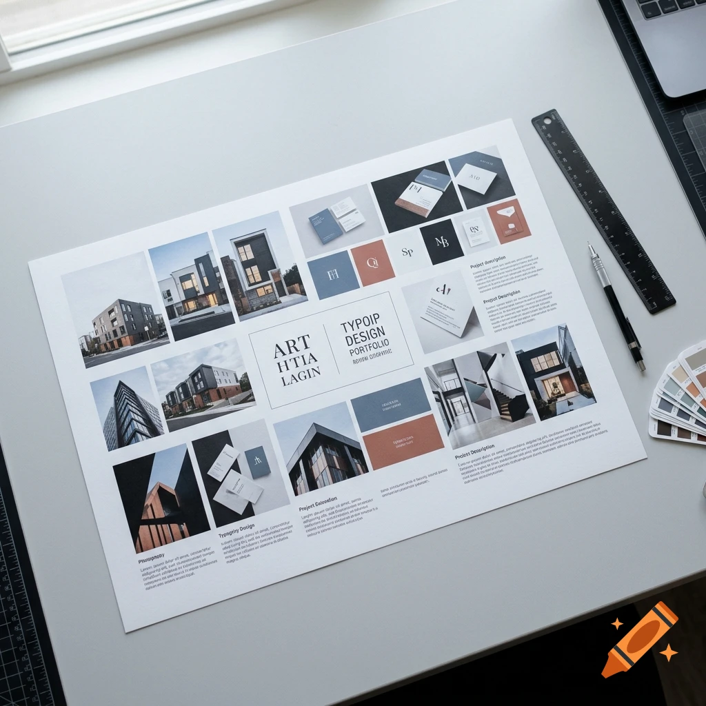 Overhead photo of an architectural portfolio layout with photos, text, color swatches, a ruler, and a pen on a white desk.