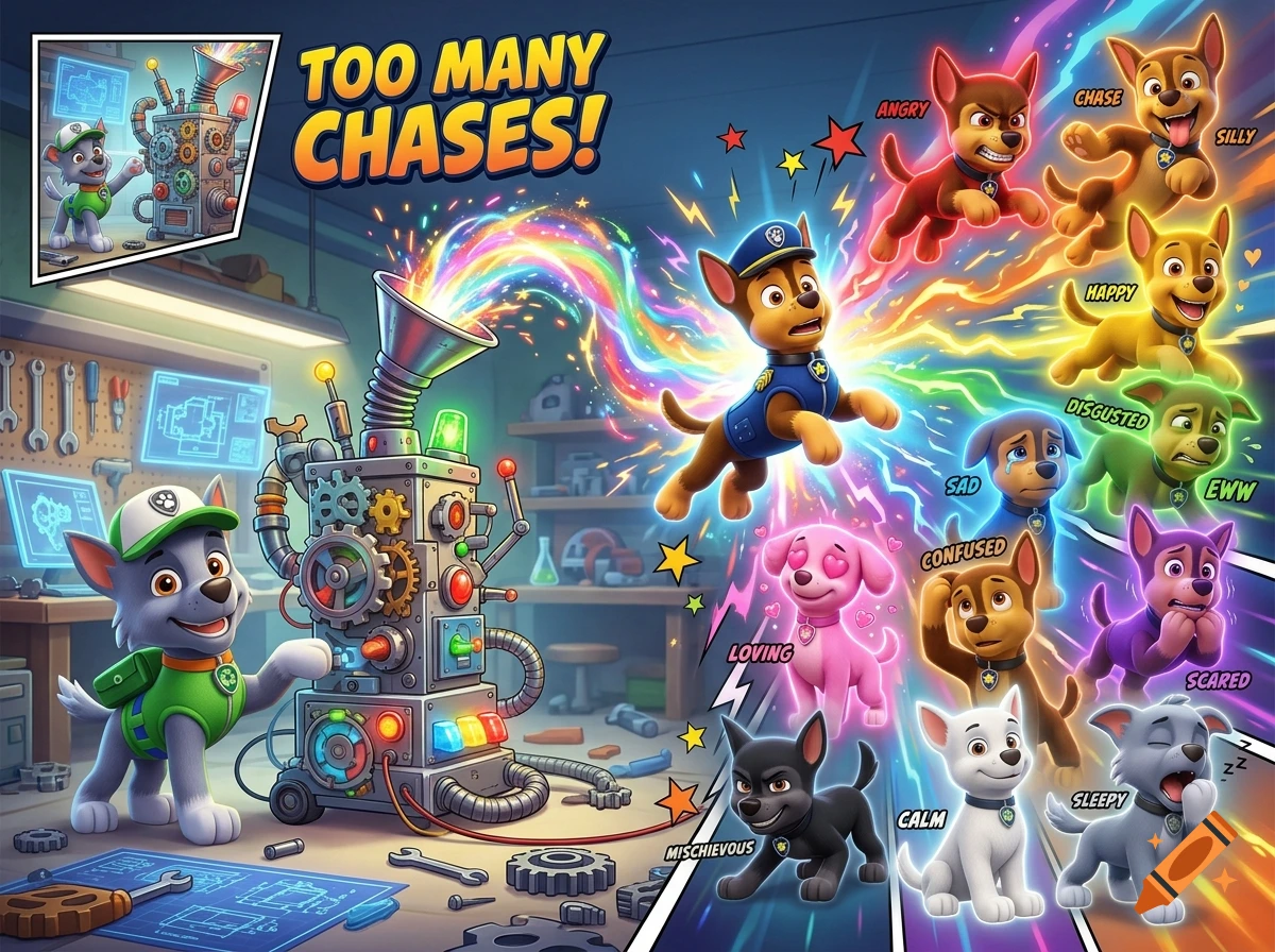 3D animated style scene of Rocky from Paw Patrol inventing a machine that clones Chase into various emotional colored dogs.