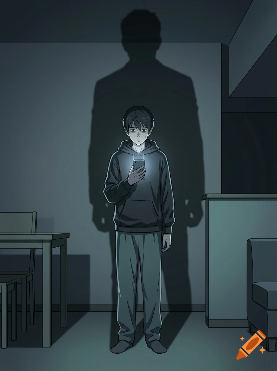 Anime style illustration of a frightened young man holding a glowing smartphone in a dark room, with a giant menacing shadow looming behind him.