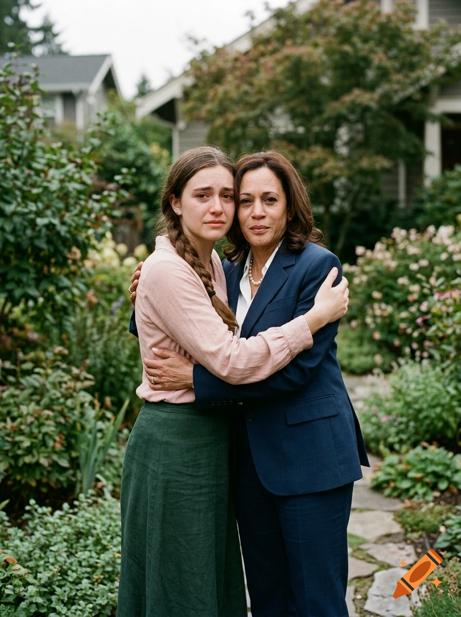 Photorealistic image of Kamala Harris hugging a weeping young woman in a garden.