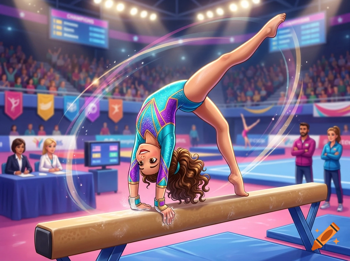 A young female gymnast performs a backbend on a balance beam in a crowded arena.