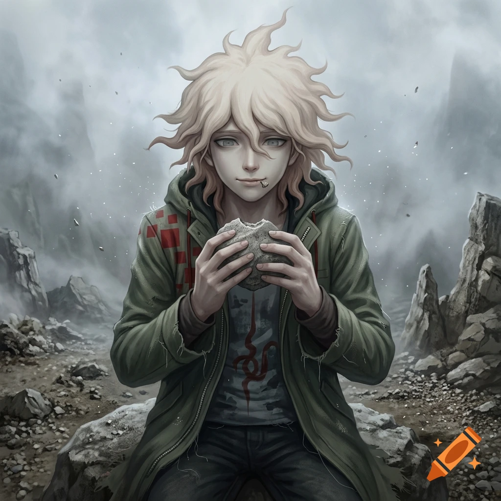 An anime-style digital painting of Nagito Komaeda sitting on a rocky terrain in a foggy landscape, eating a rock.