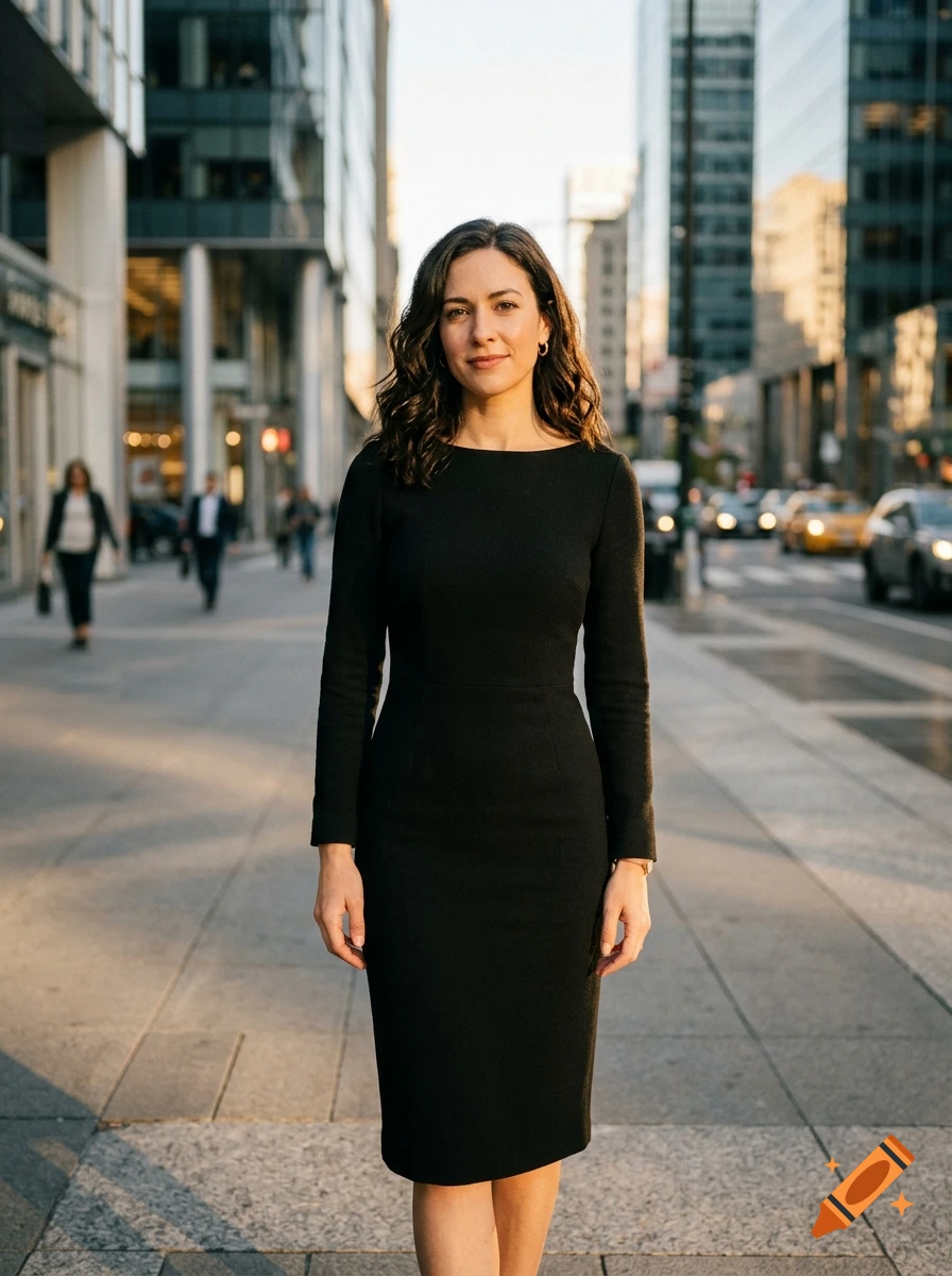Photorealistic full-body portrait of a woman in a black dress standing on a city sidewalk during golden hour.