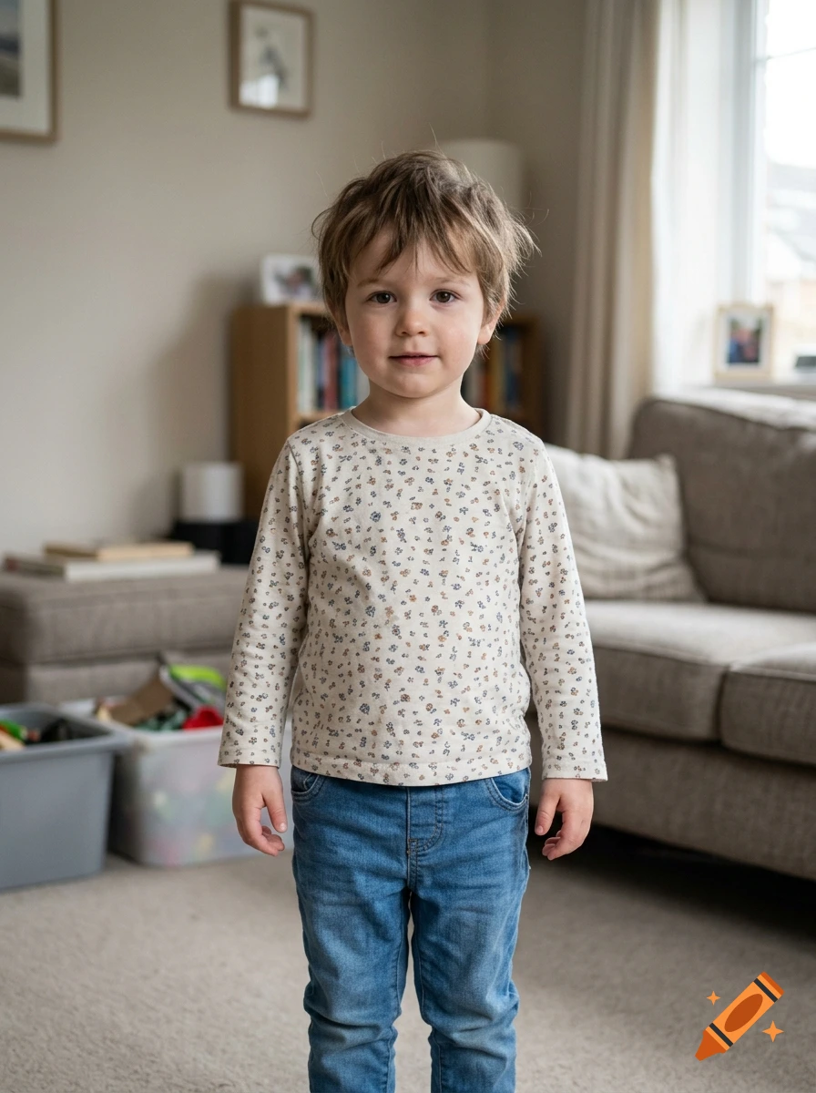 Photorealistic front view of a 3-year-old child standing in a living room.