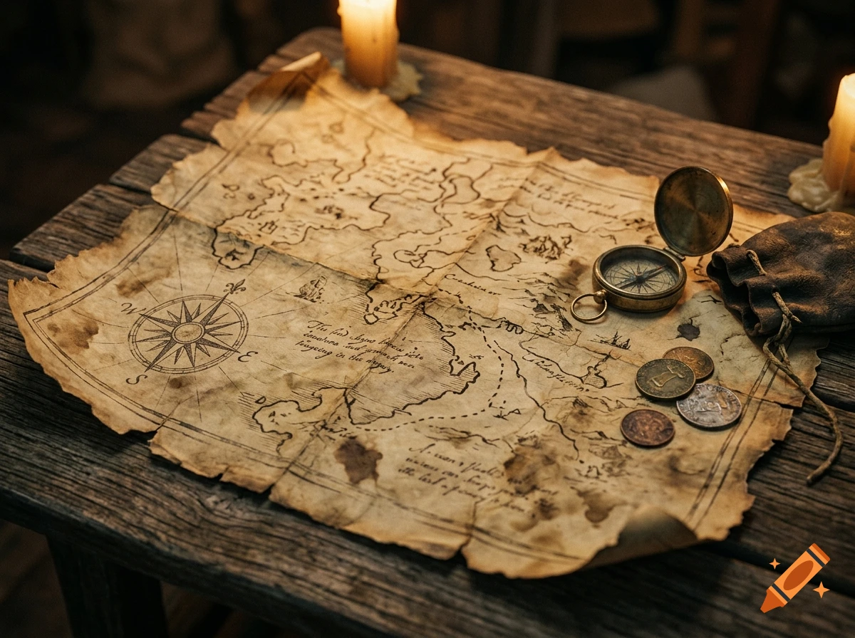 An old treasure map with a compass and coins resting on a rustic wooden table illuminated by candlelight.
