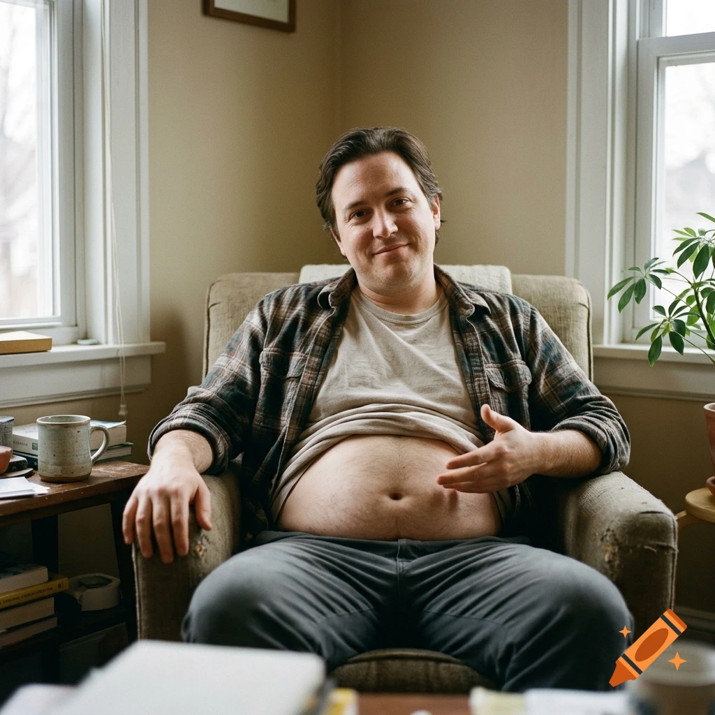Photorealistic portrait of a smiling man sitting in an armchair, lifting his shirt to expose his belly.