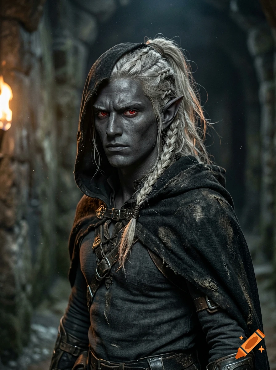 Photorealistic portrait of a male drow with grey skin, red eyes, and braided white hair in a ponytail, wearing a dark hooded cloak.