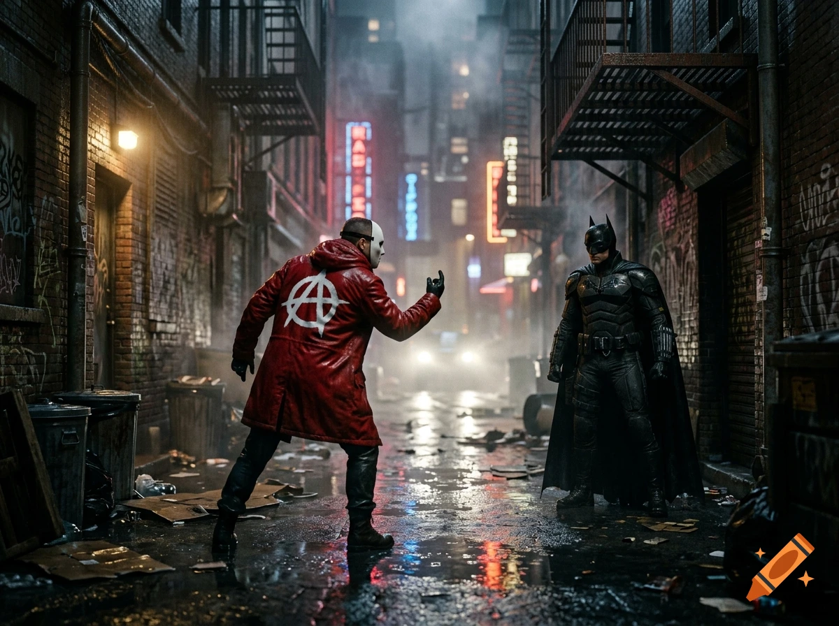Photorealistic scene of a man in a red coat with an anarchy logo taunting Batman in a rainy, dark alleyway with neon signs in the background.
