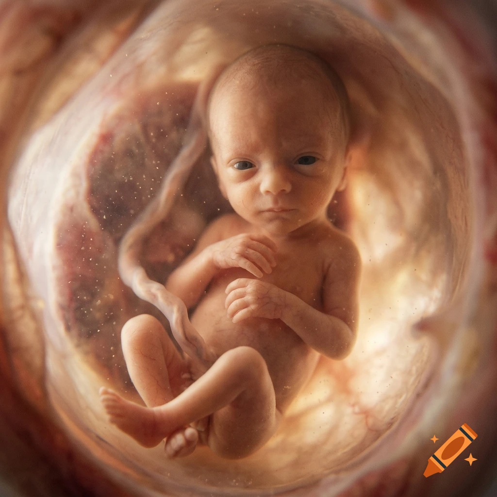Photorealistic close-up of a human fetus inside the womb, illuminated by soft light.