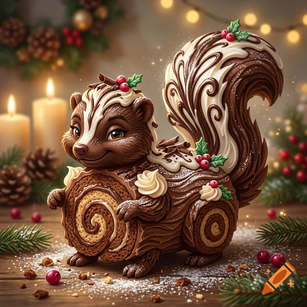 An anthropomorphic skunk designed to look like a Christmas yule log cake, made of chocolate roll cake, frosting, and berries, on a wooden table.