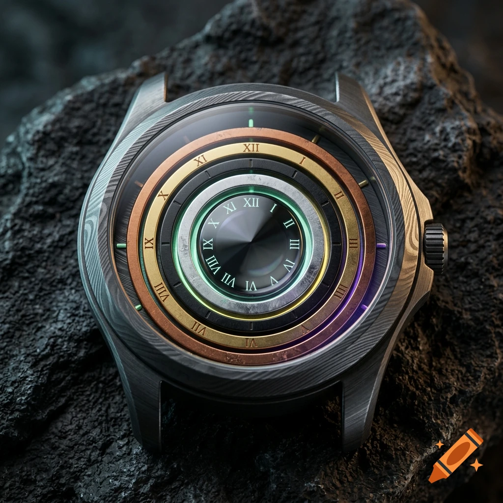 Close-up photorealistic product photograph of a complex tactical watch with concentric metallic rings and Roman numerals on volcanic stone.