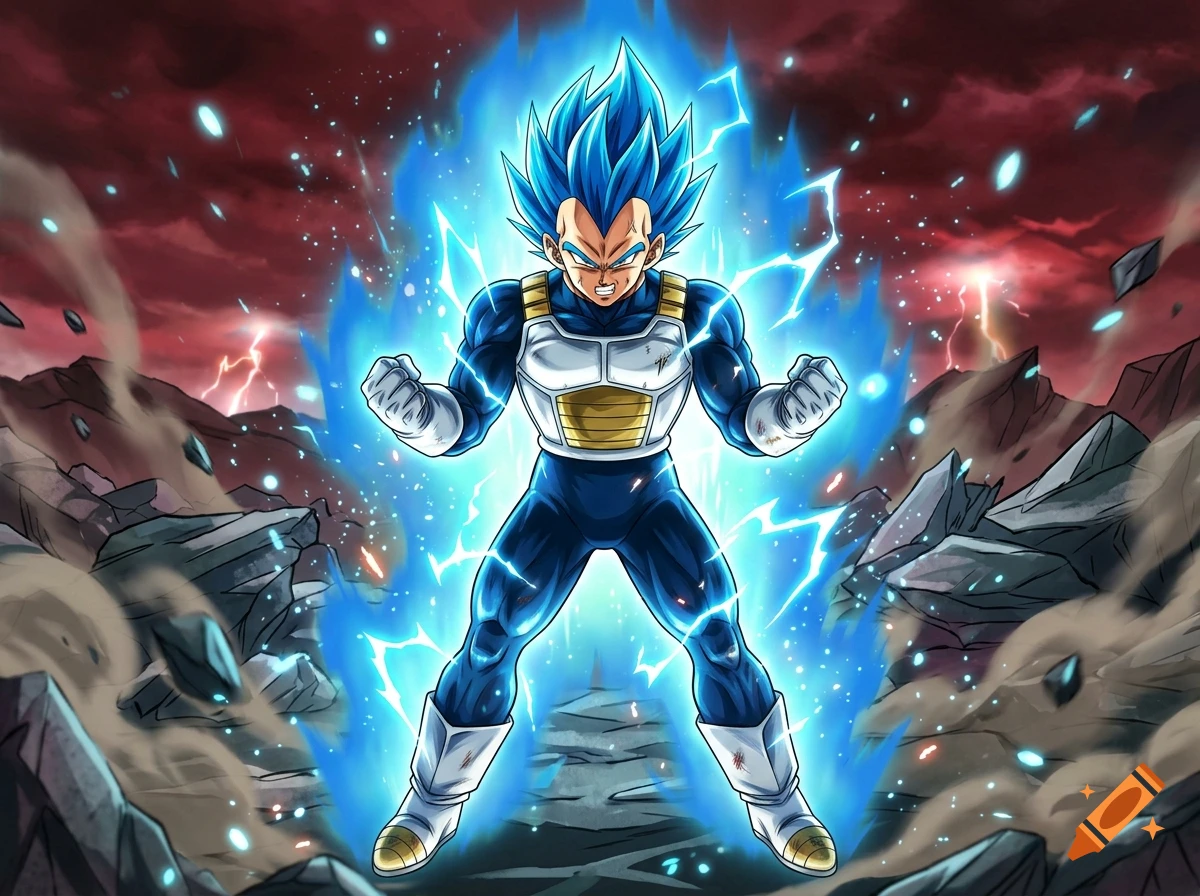 An anime illustration of Vegeta from Dragon Ball Super radiating a powerful blue aura amidst a rocky battlefield.