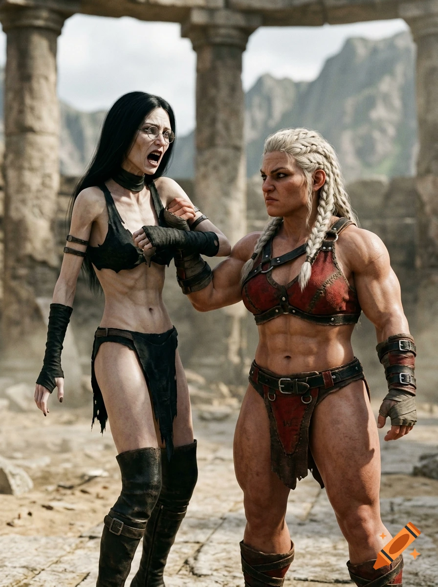Photorealistic scene of a muscular female dwarf holding a screaming goth vampire by the bicep in a ruined stone temple.
