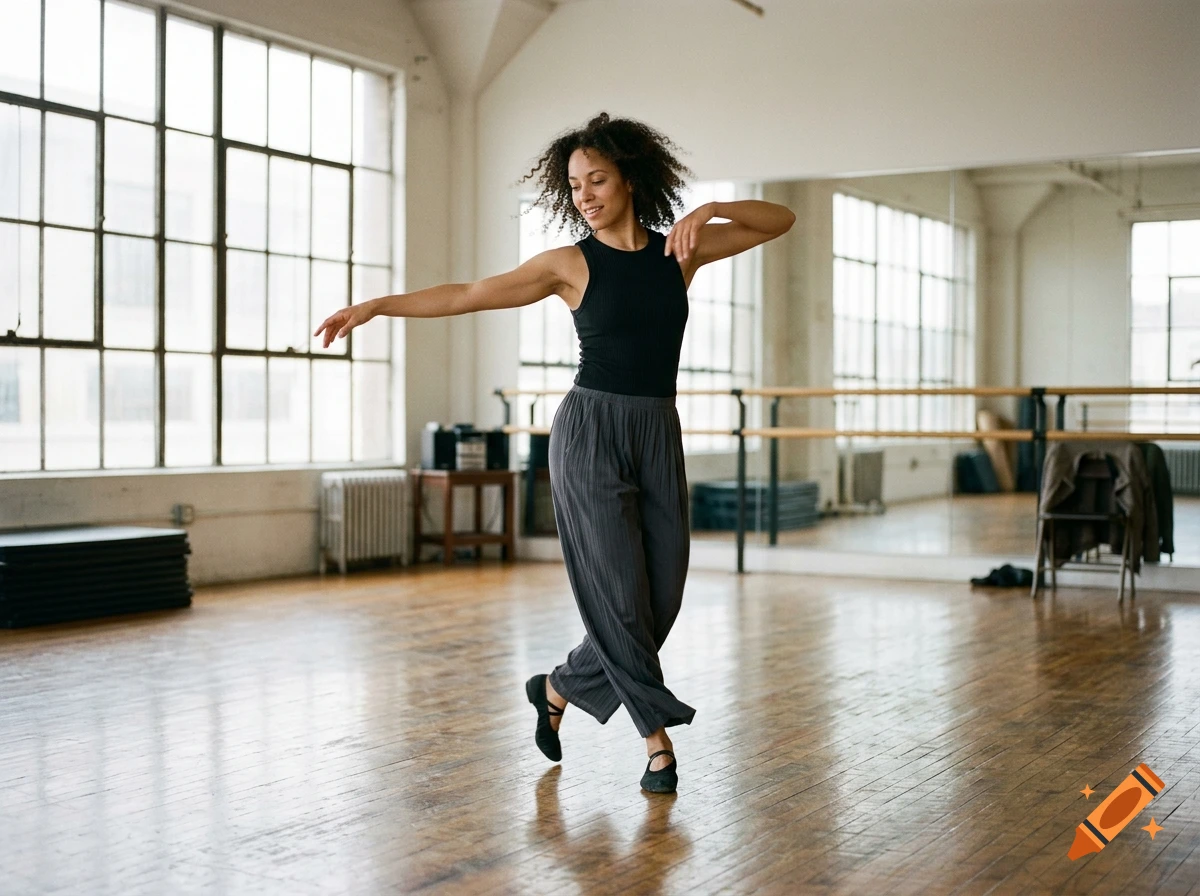 A woman with curly hair dancing in a large studio with hardwood floors and large windows.