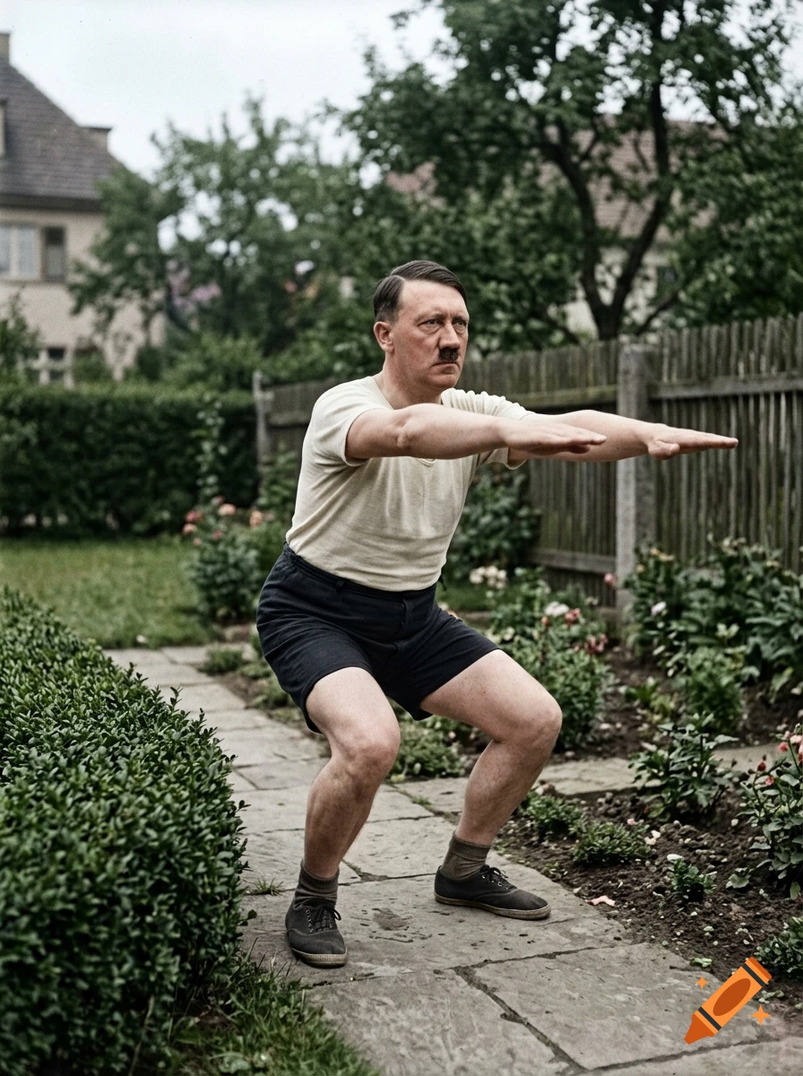 Photorealistic image of Adolf Hitler performing squats in a garden wearing shorts and a t-shirt.