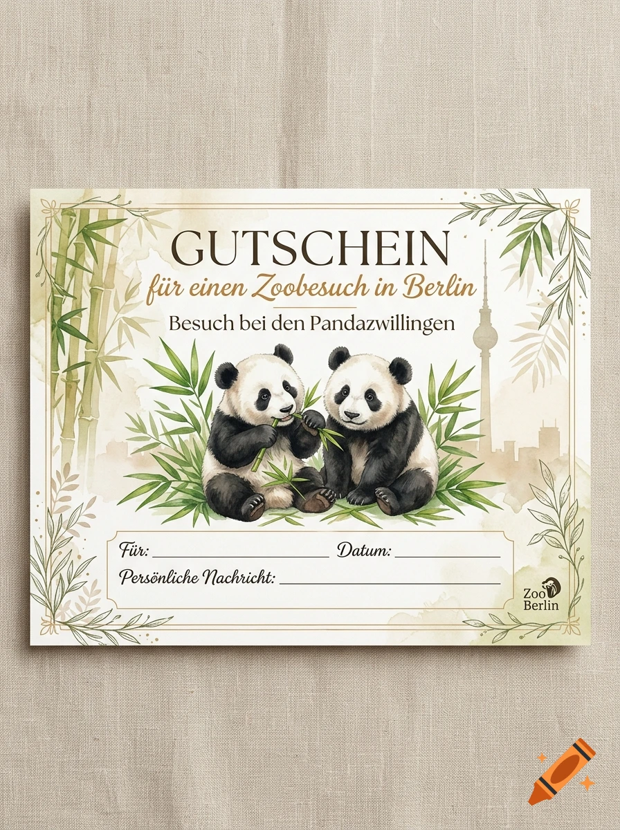 A gift voucher illustration featuring two pandas eating bamboo, with German text and Berlin motifs.