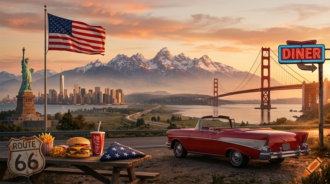 Photorealistic cinematic travel poster combining the Statue of Liberty, Golden Gate Bridge, and snow-capped mountains at sunset.