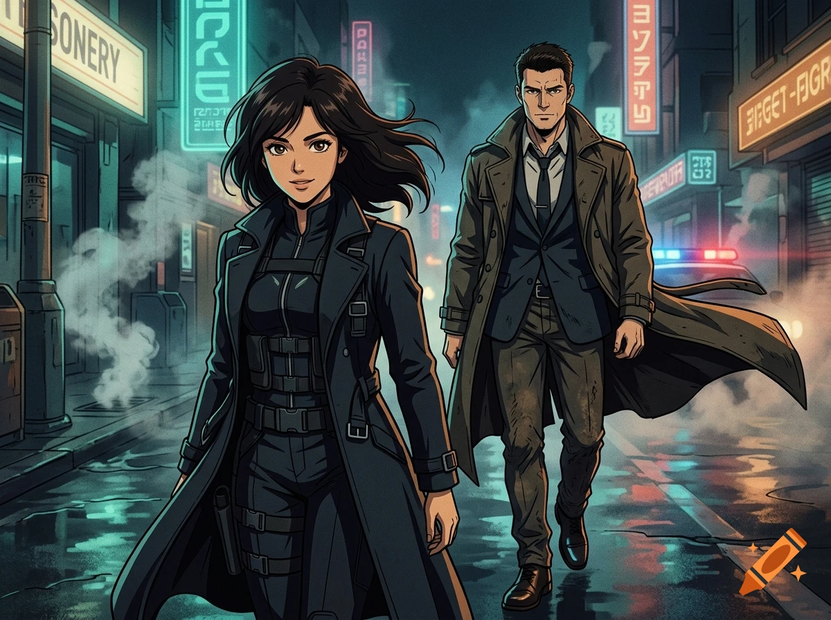 An anime-style illustration of a man and a woman in coats walking down a neon-lit city street at night.