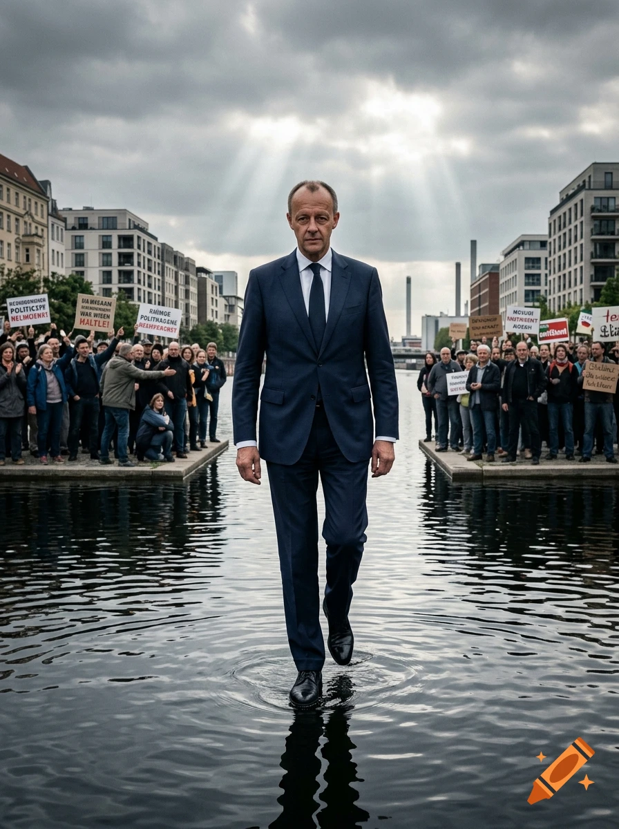 Photorealistic image of a politician in a suit walking on water between crowds holding protest signs under a cloudy sky.