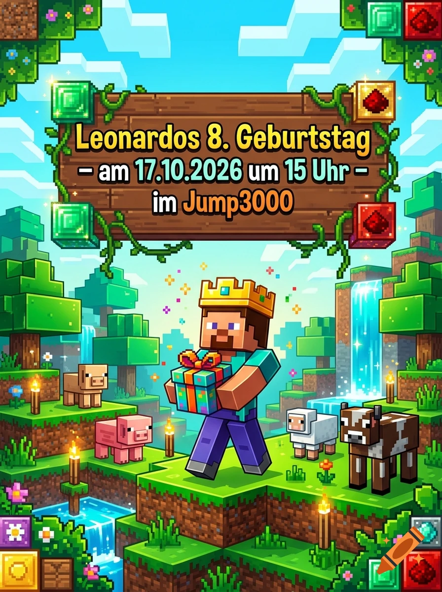 Minecraft-themed birthday party invitation featuring Steve holding a gift box surrounded by animals, a wooden sign, and pixelated elements.