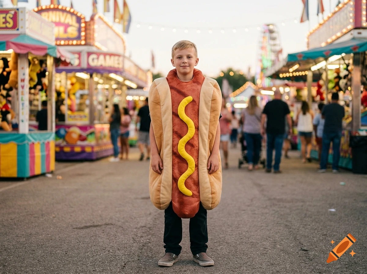 Photorealistic image of a young boy wearing a hot dog costume standing in a crowded carnival.