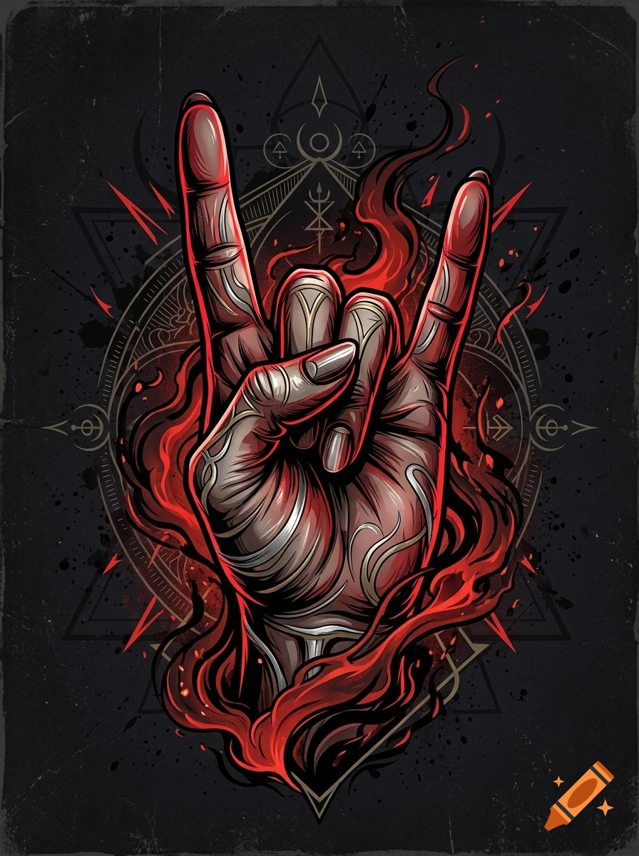 Digital illustration of a metallic rock-on hand gesture surrounded by red flames and geometric occult symbols on a dark background.