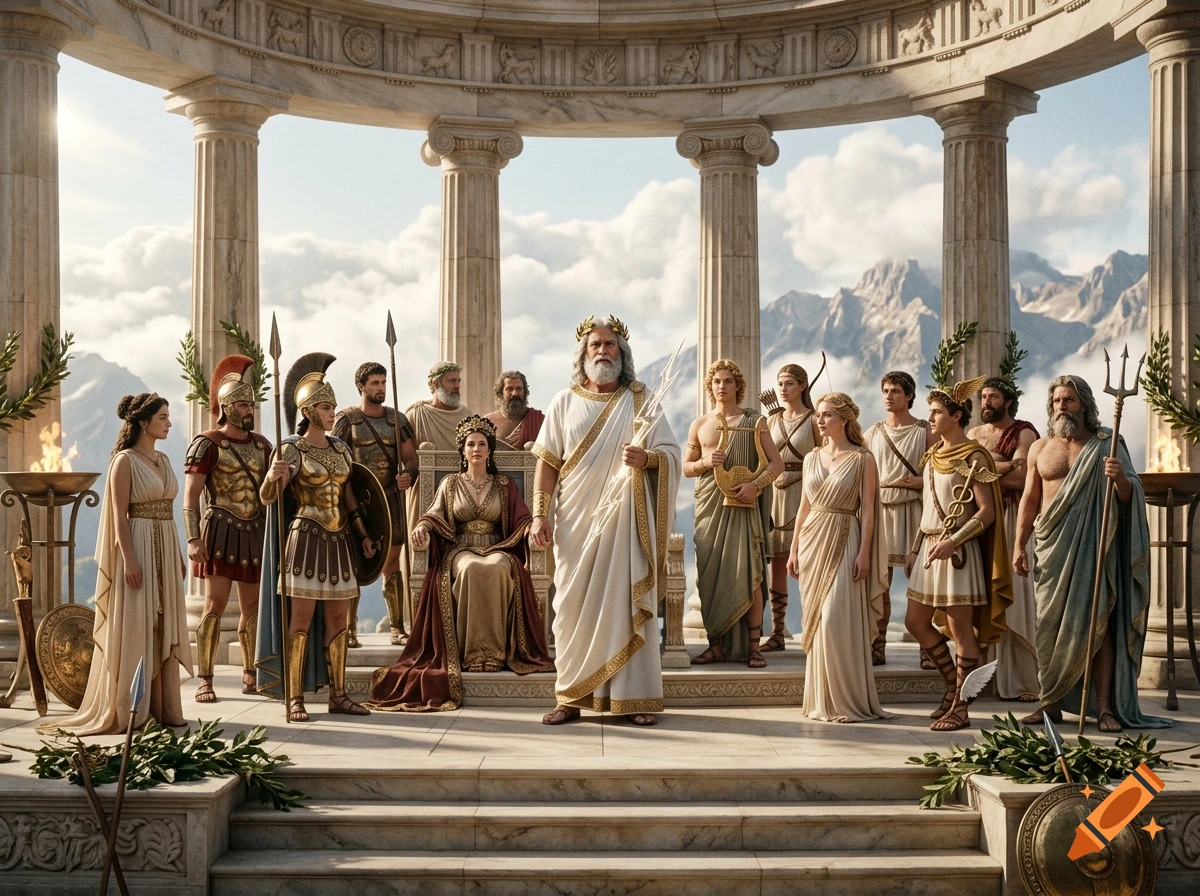 An assembly of ancient Greek gods and goddesses standing within a marble temple rotunda overlooking a mountain landscape.