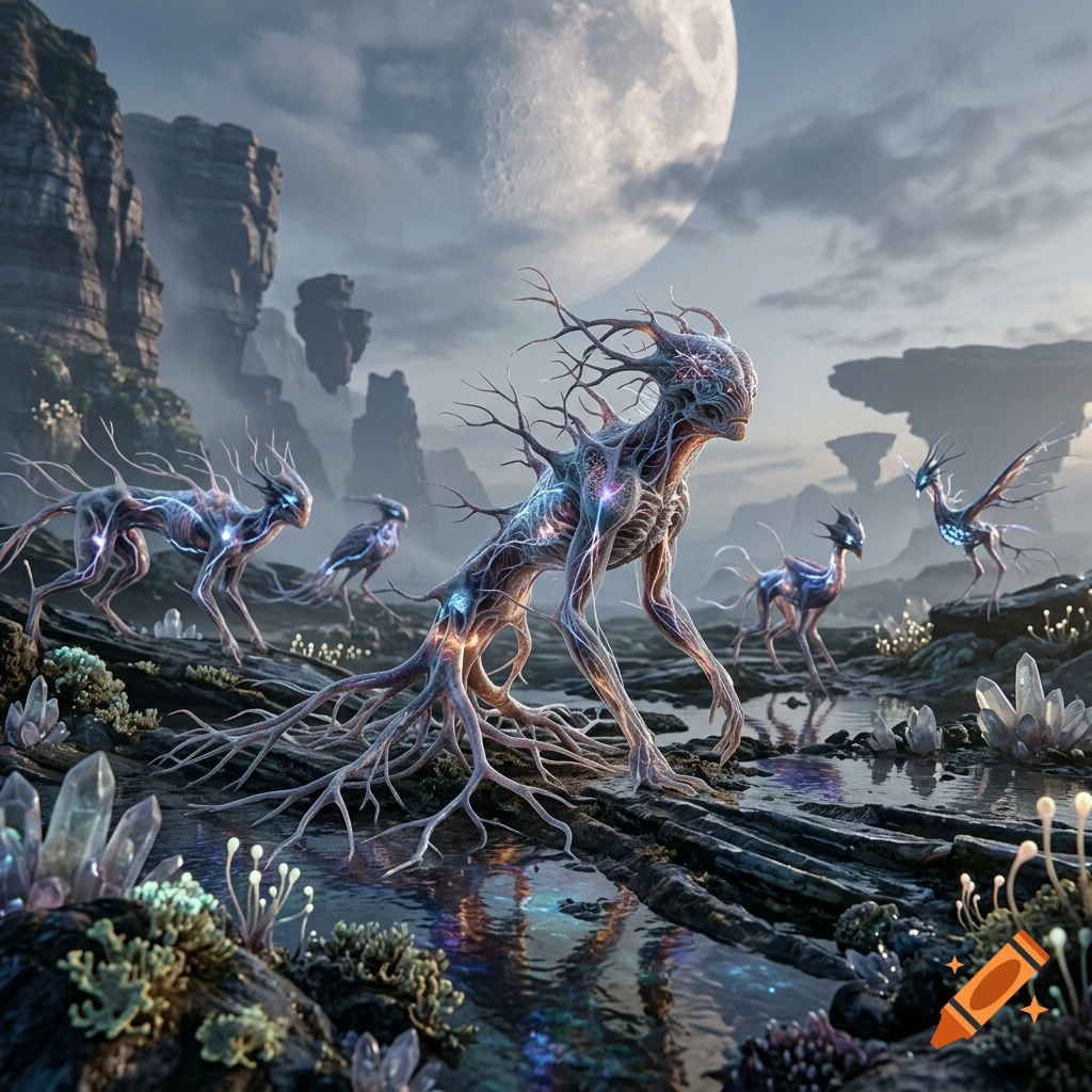 Photorealistic scene of alien creatures with neuron-like structures inhabiting an otherworldly landscape with crystals.