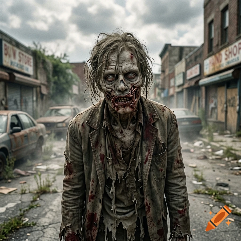 A terrifying zombie with matted hair and bloody clothes standing in an abandoned, debris-filled city street, photorealistic style.