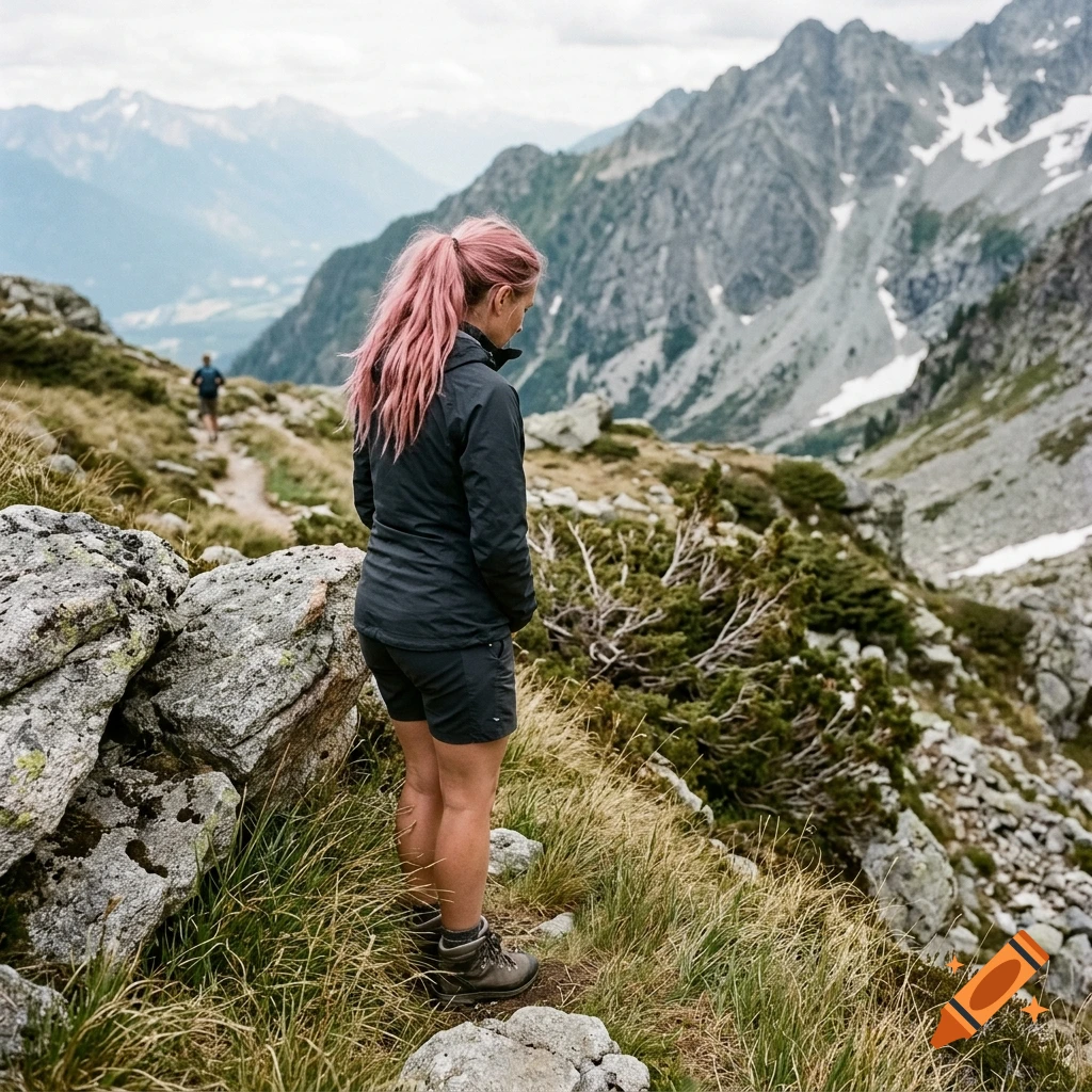 A woman with long pink hair in a jacket and shorts standing on a rocky mountain path overlooking a valley and distant peaks.