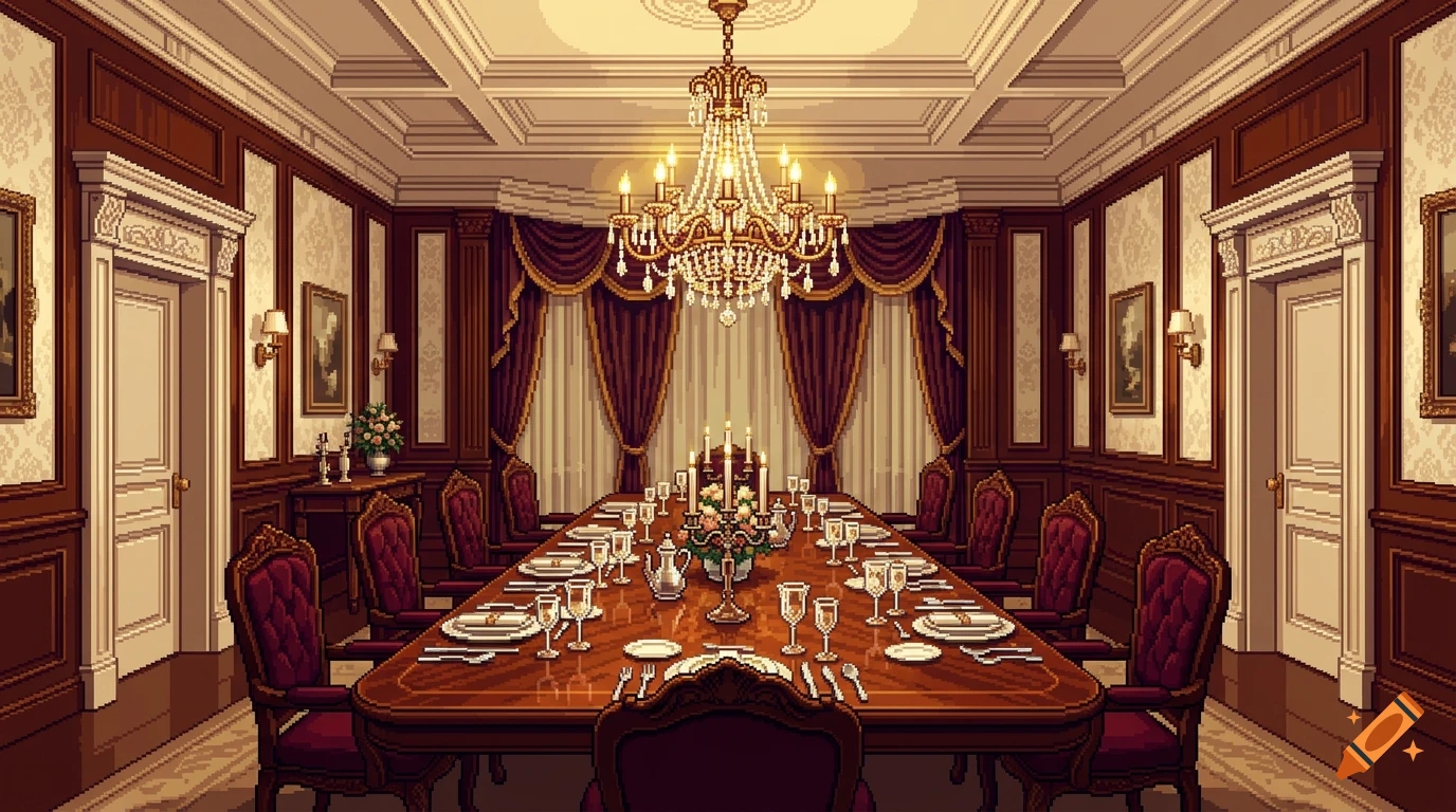 Pixel art of an opulent, brightly lit dining room featuring a long wooden table set with tableware, surrounded by red chairs under a grand chandelier.