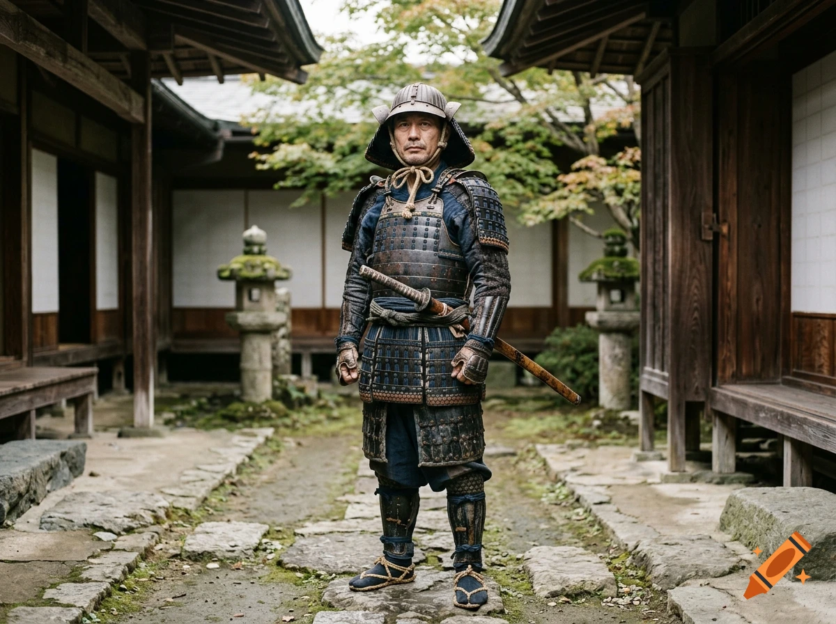 A man in traditional Japanese samurai armor stands in a courtyard between wooden buildings.