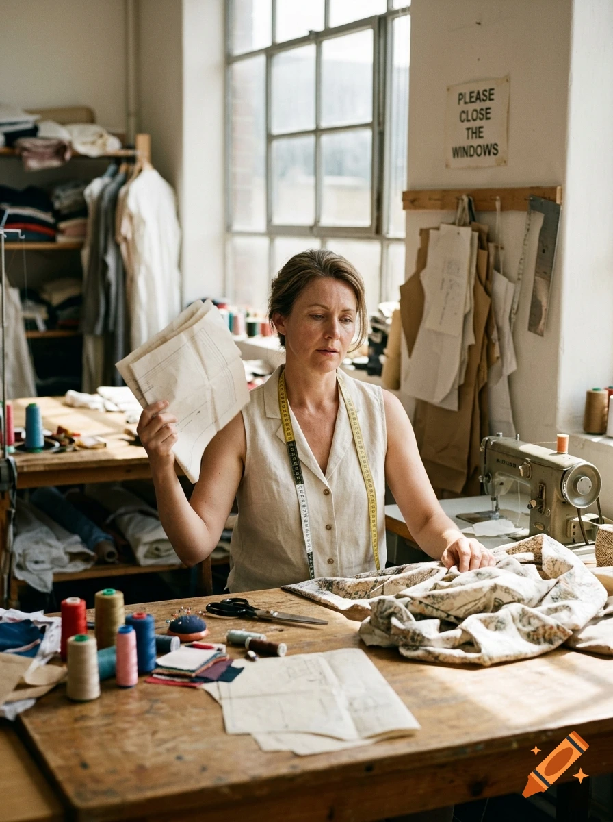 Photorealistic image of a seamstress working at a wooden table in a bright workshop, holding fabric patterns.