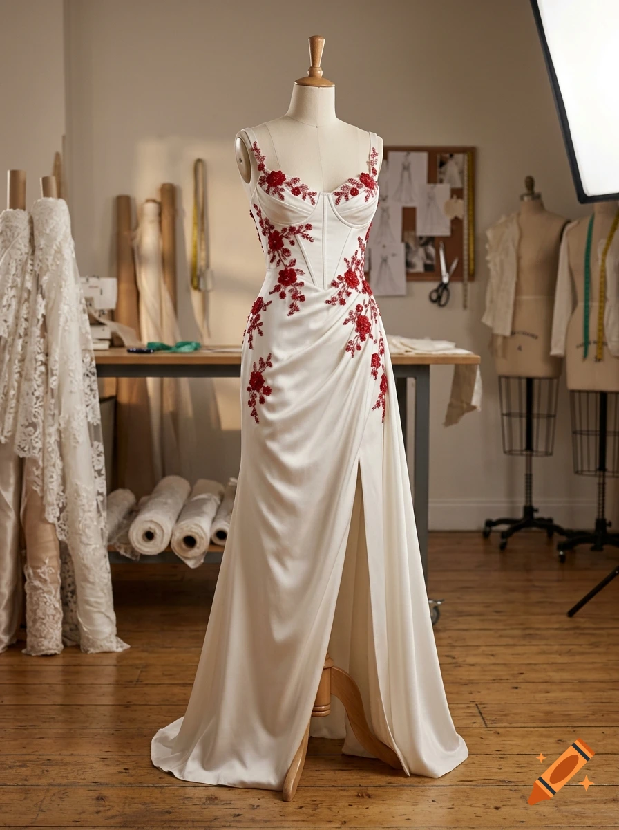 Photorealistic image of a white satin wedding dress with red floral embroidery on a mannequin in a tailoring workshop.