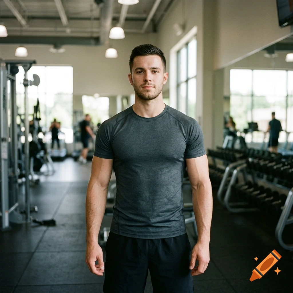 Photorealistic portrait of a muscular young man standing in a modern gym with weights in the background.