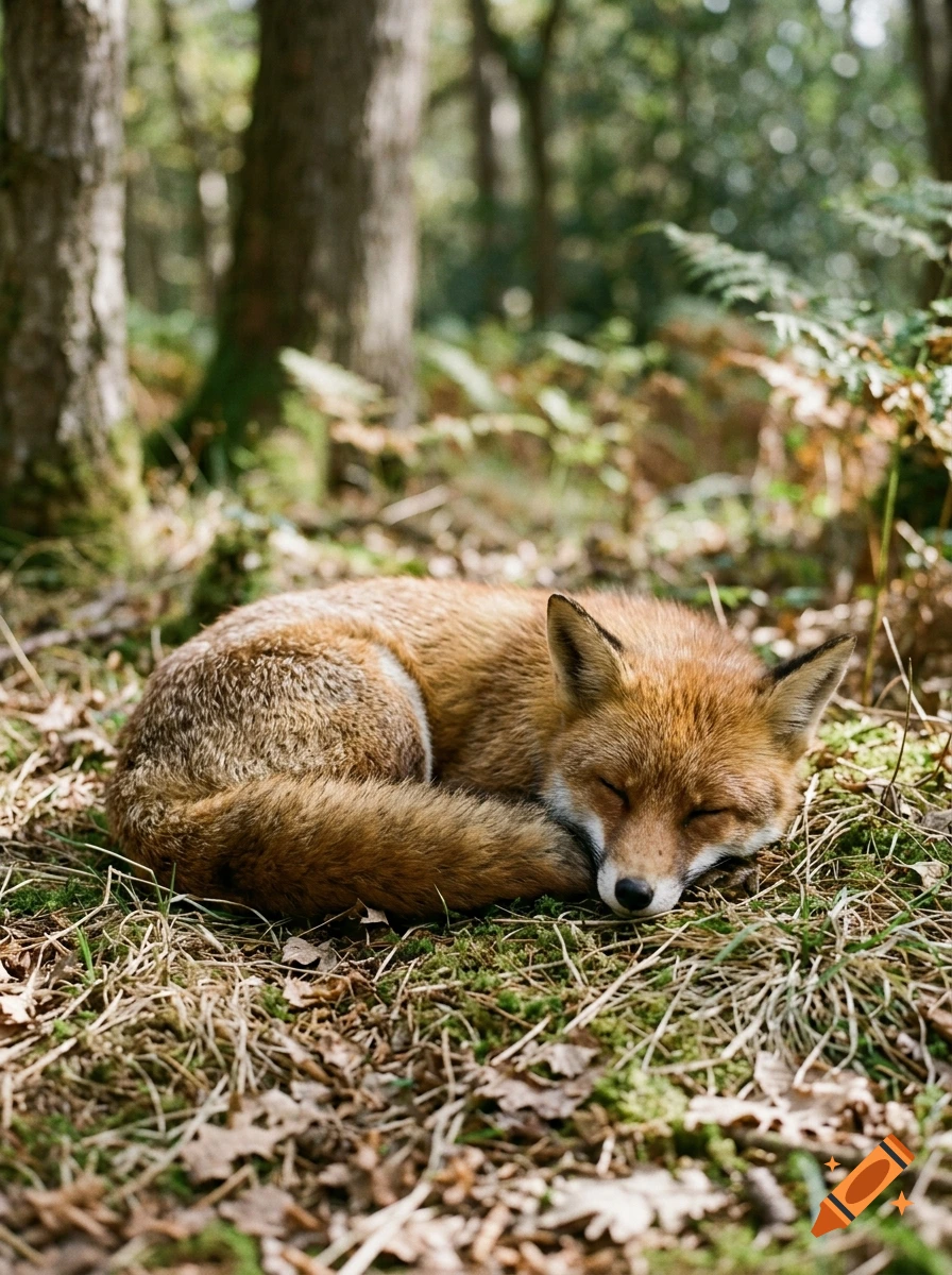 A photorealistic red fox curled up and sleeping peacefully on the forest floor among moss and dry leaves.