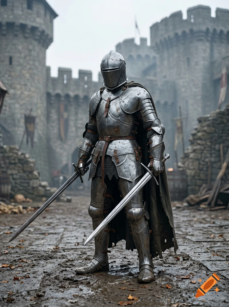 Photorealistic image of a medieval knight in full steel plate armor, dual-wielding swords in a castle courtyard.